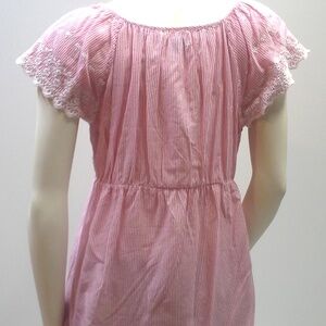 Vintage Red White Cotton Embroidered Pinstripe Peasant Blouse Bell Sleeve